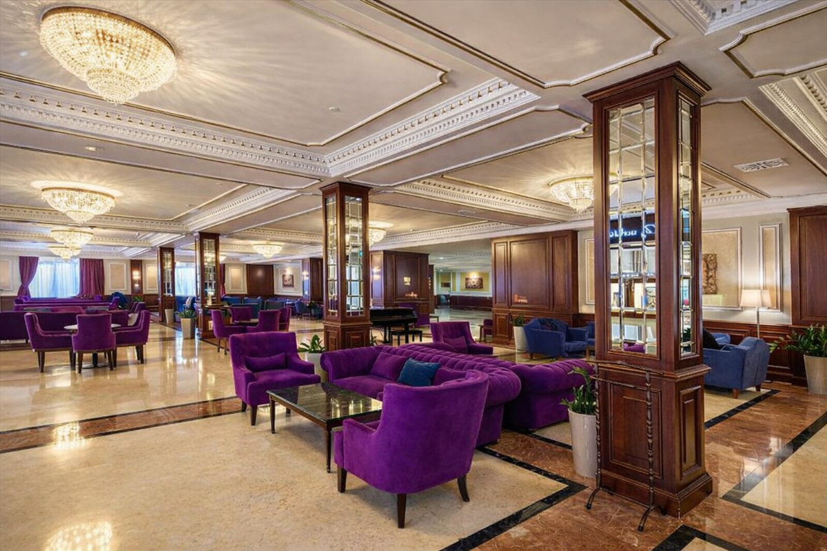 Radisson Hotel ballroom — coffered gypsum ceiling and chandelier surrounds, Astana Kazakhstan