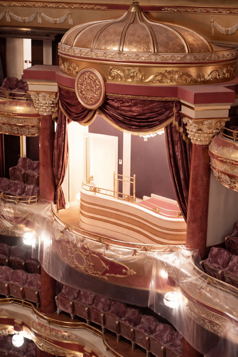 Grand theatre interior with gilded baroque gypsum dome, ornate gold moldings and crimson velvet drapes