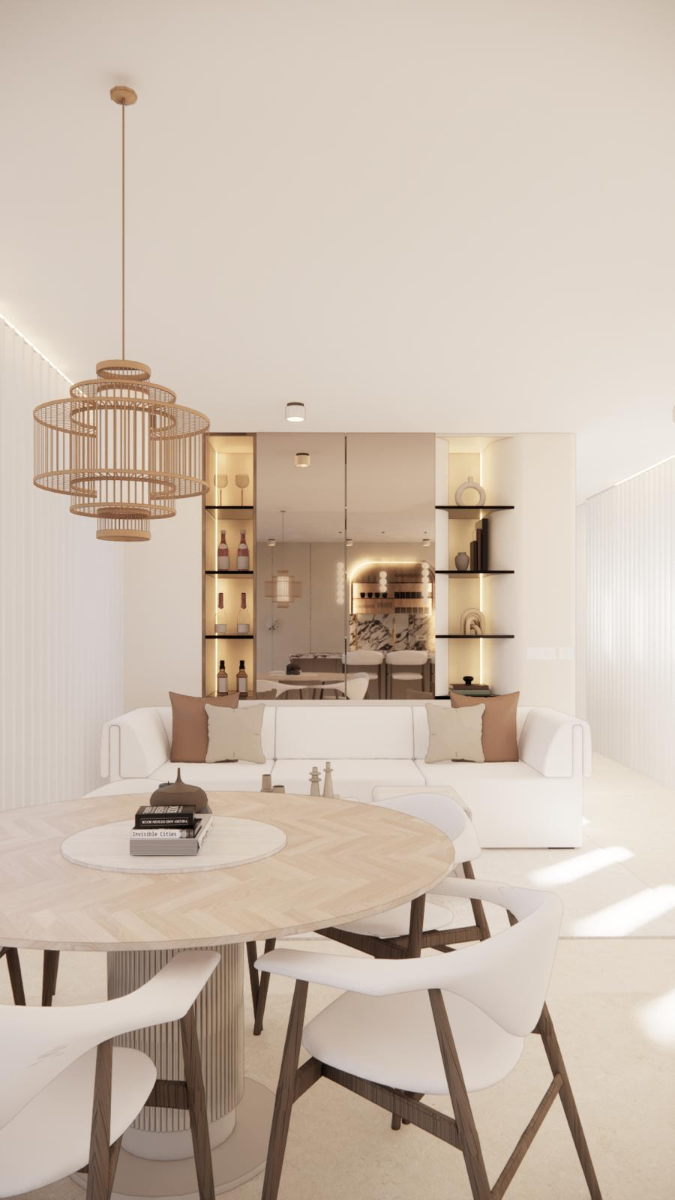 סלון מודרני עם פינת אוכל ומטבח פתוח