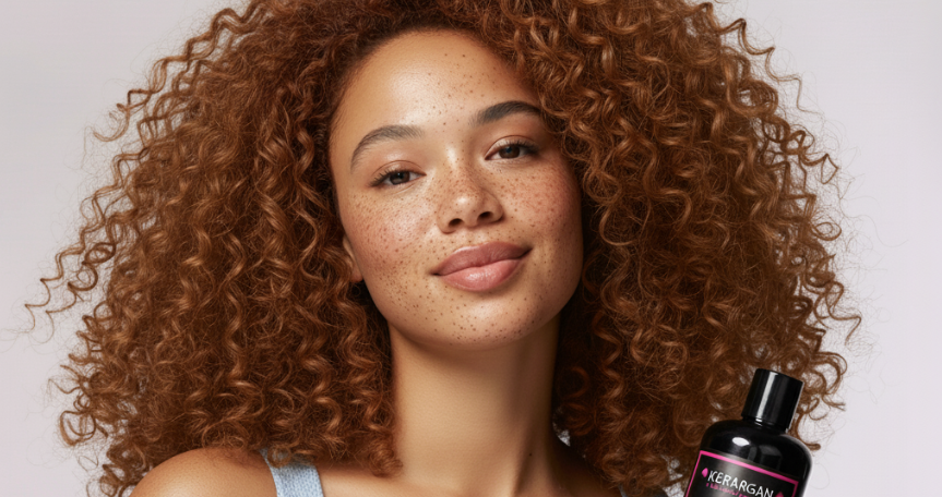 Femme aux cheveux bouclés tenant un produit Kerargan