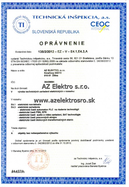 Oprávnenie AZ ELEKTRO - Technická inšpekcia, a.s. - Výroba technických zariadení elektrických