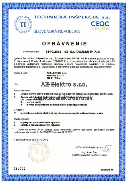Oprávnenie AZ ELEKTRO - Technická inšpekcia, a.s. - Elektrotechnické práce
