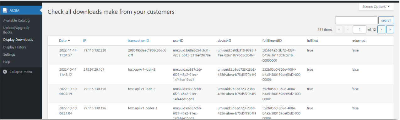 Captura de pantalla del panel de visualización de descargas de ApplicaDigital, mostrando un listado de transacciones y accesos a libros.