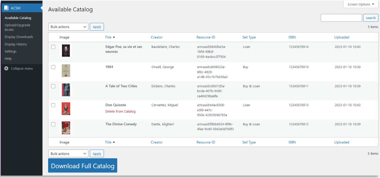 Captura de pantalla de la vista del Catálogo Disponible en ApplicaDigital mostrando una lista de libros con sus detalles.