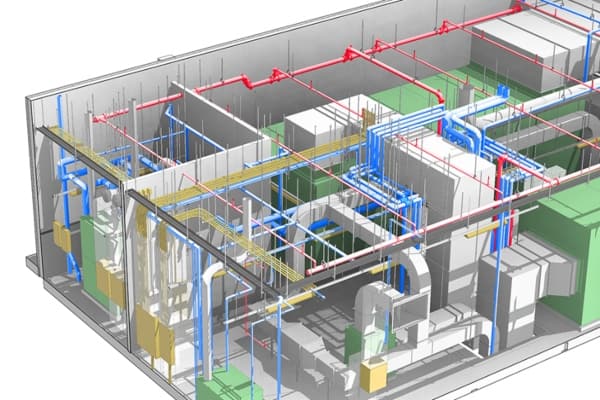 Modelagem BIM 3D de planta industrial com sistemas de tubulações e equipamentos