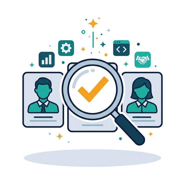 Illustration of vetted technology consultants being reviewed and verified