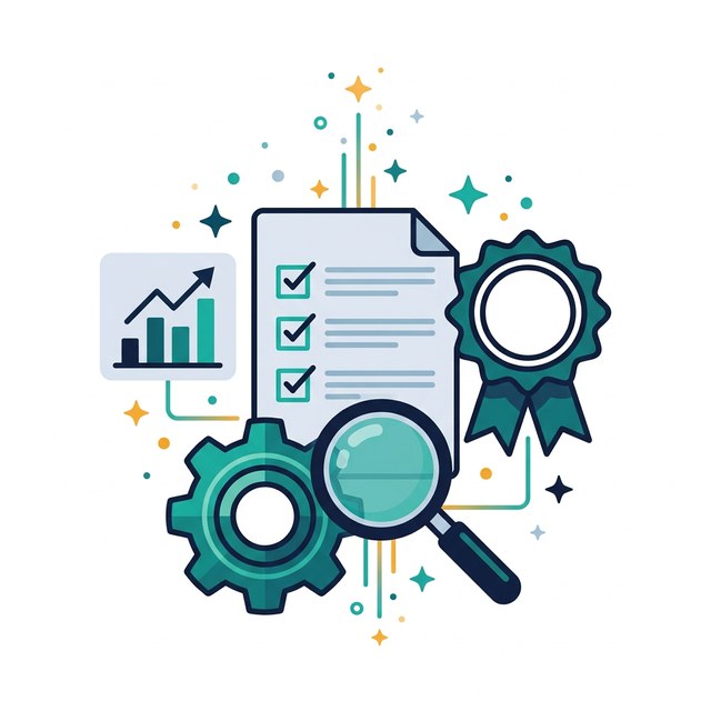 Illustration of a checklist, gears and a quality badge representing quality assurance