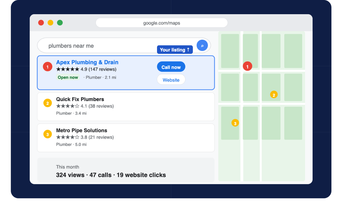Google Maps local contractor listings on laptop