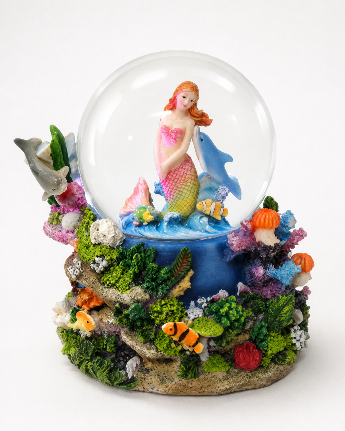 Custom snow globe featuring a mermaid-themed underwater scene with coral reef and aquatic detail