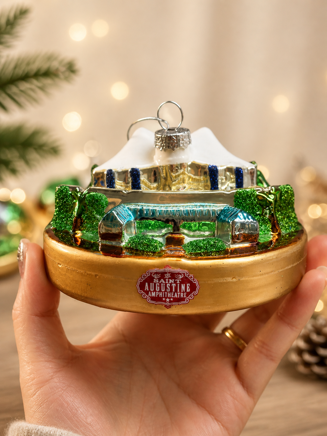 Custom glass ornament shaped like a miniature campus building replica with detailed architecture