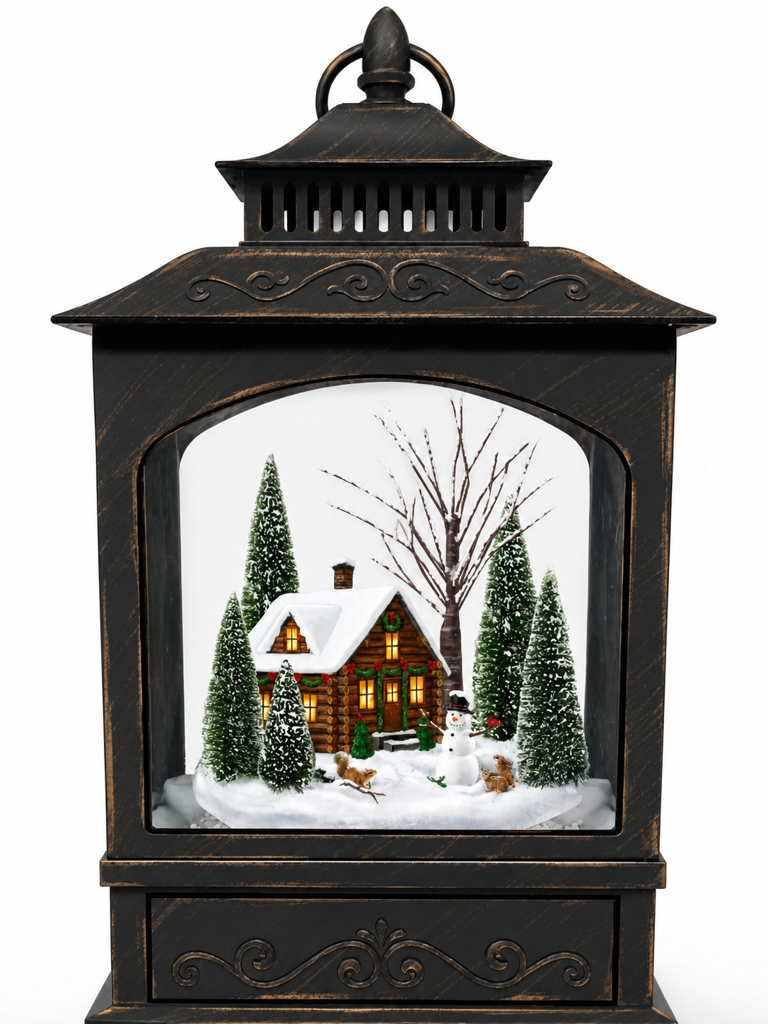 Close-up interior detail of a custom snow globe miniature scene inside a glass dome