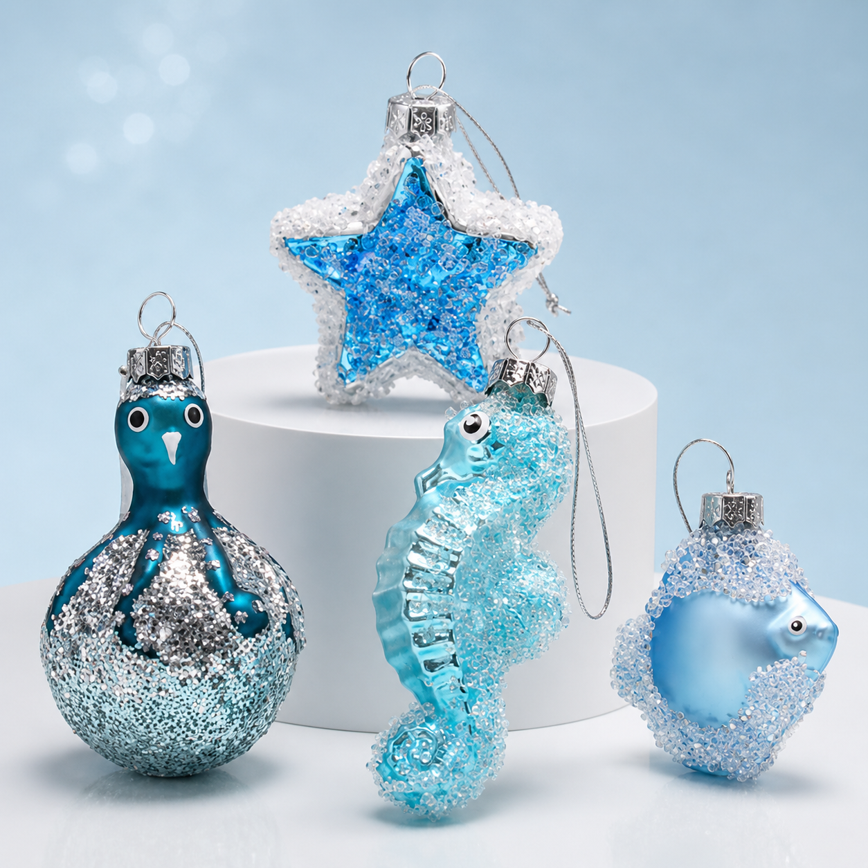 Custom glass ornament set with custom artwork and premium lacquer finish displayed in a curated collection