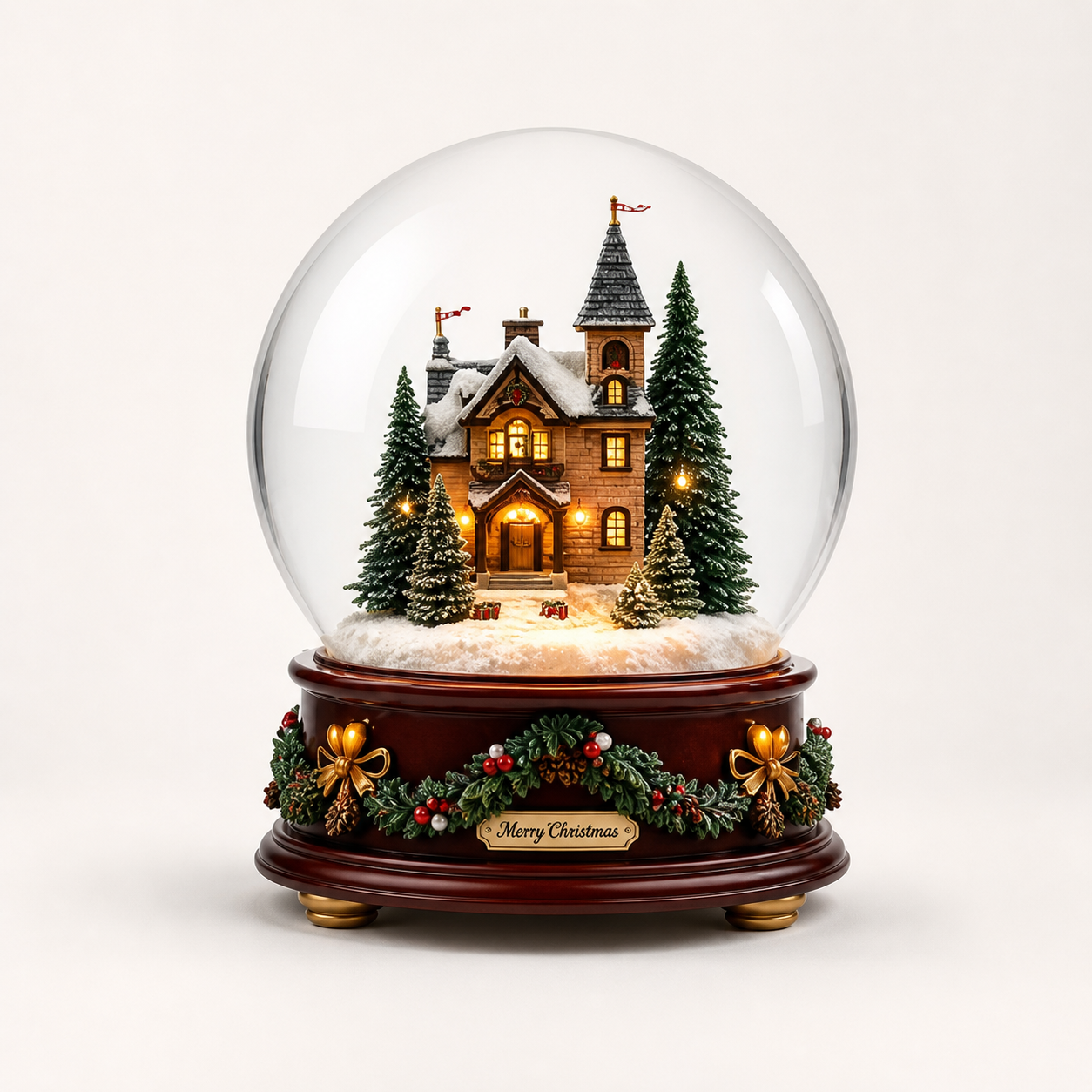 Custom snow globe full view showing a detailed miniature interior scene inside a clear glass dome