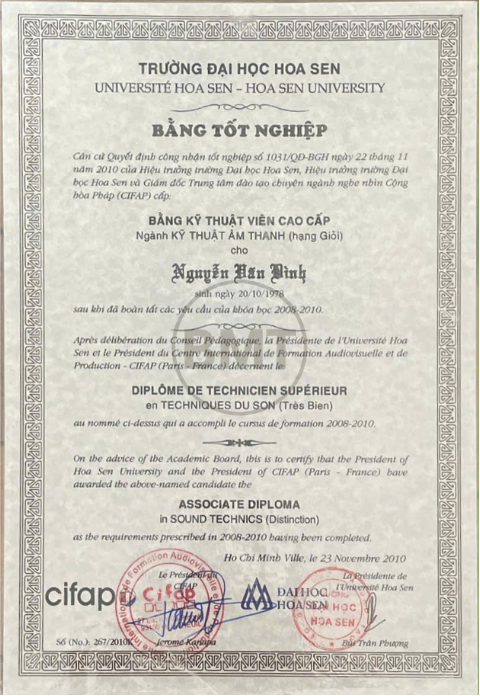 Bằng tốt nghiệp ĐH Hoa Sen & CIFAP - Nguyễn Văn Bình