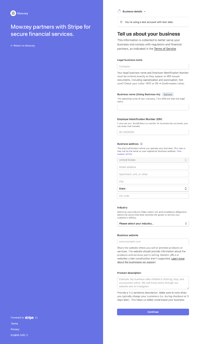 Stripe business details form