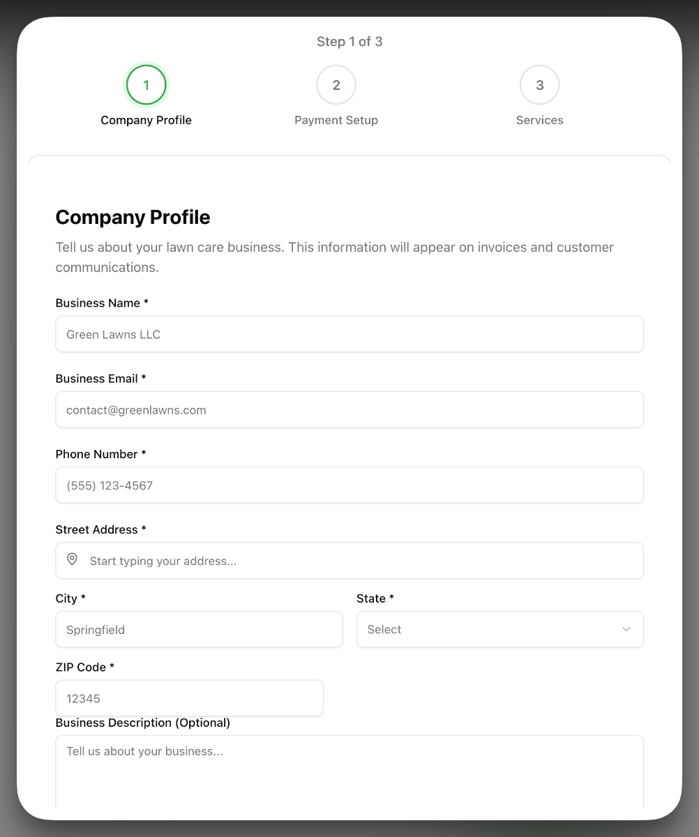 Company profile form showing business name, email, phone number, and address fields