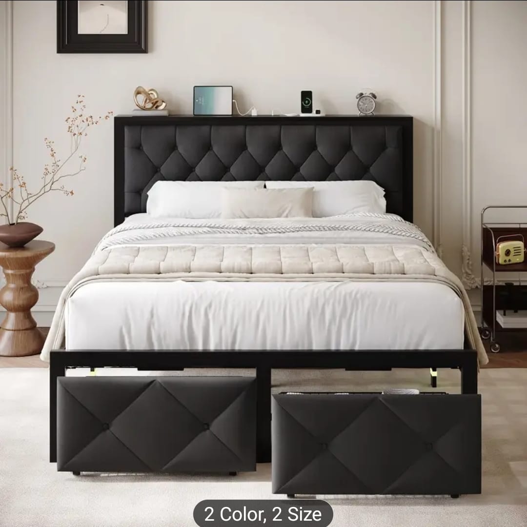 Lit Double Cuir Beige avec Banc — Tête de Lit Capitonnée, 2 Tailles