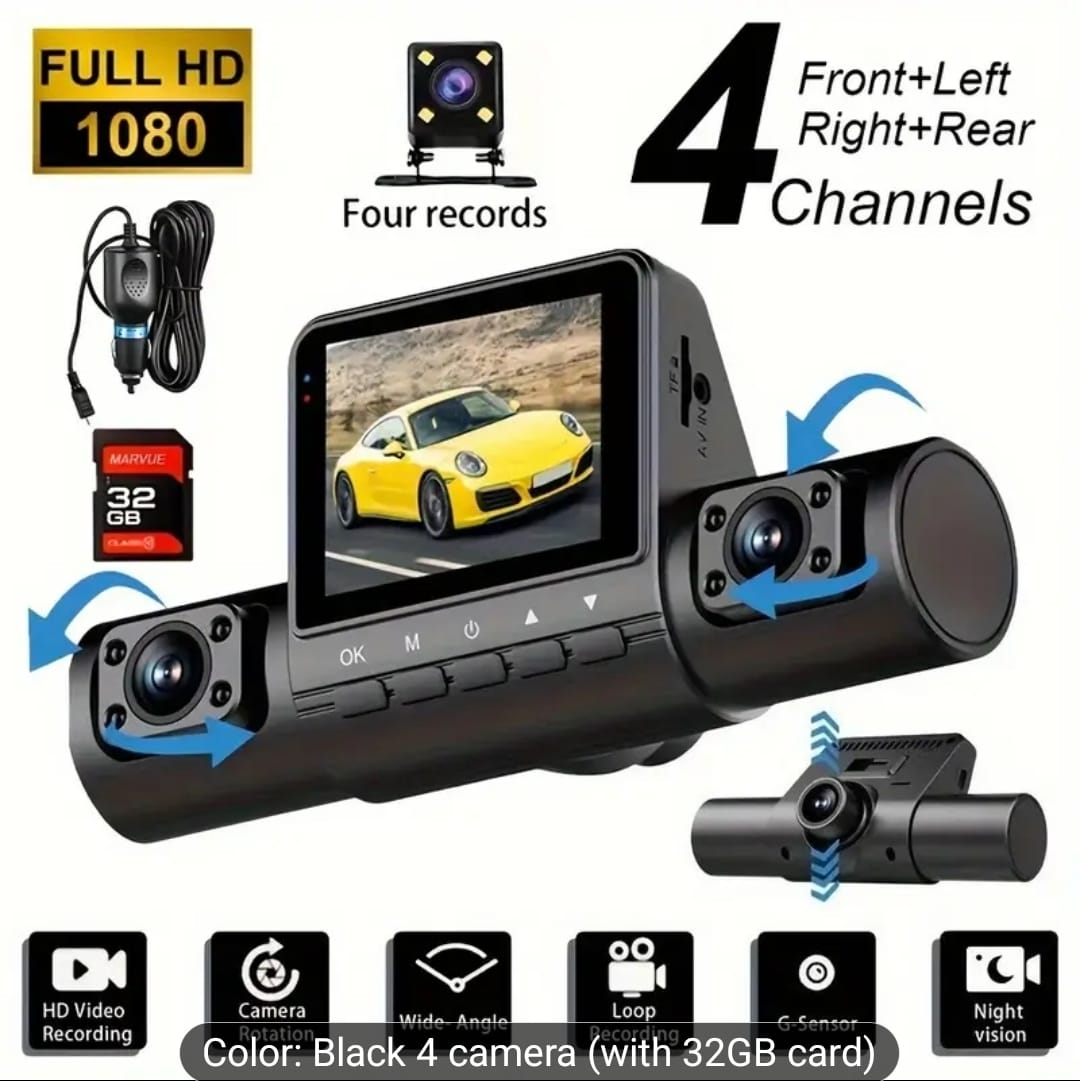 Dashcam 4 Canaux Full HD 1080p — Avant + Gauche + Droite + Arrière + Carte 32GB