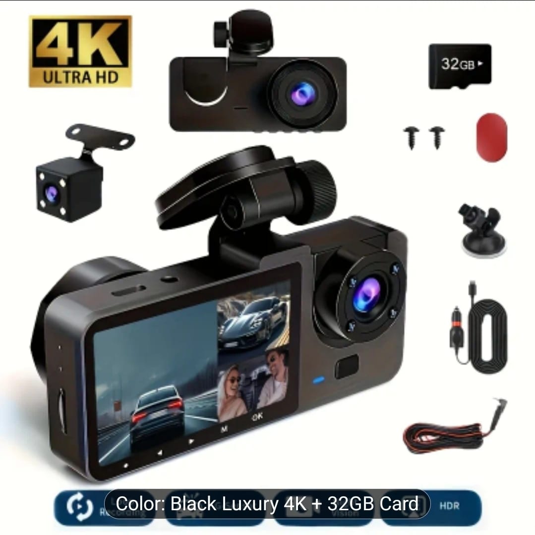 Dashcam 4K Ultra HD 3 Canaux — Avant + Intérieur + Arrière + Carte 32GB