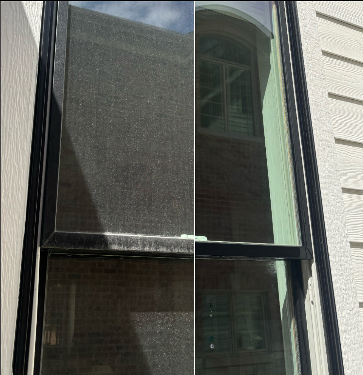 Before and after hard water treatment comparison showing damaged glass on left and protected clear glass on right