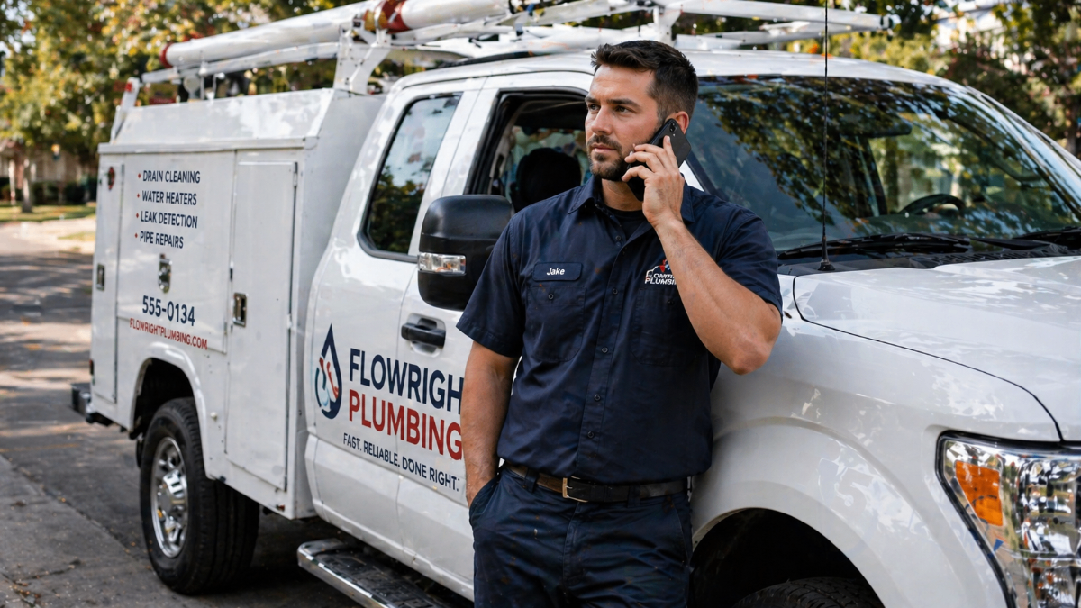 Plumber on cell phone by service truck