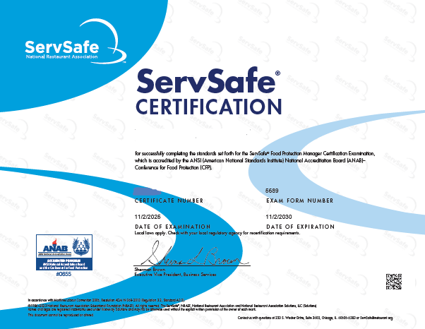ServSafe Certificate Sample