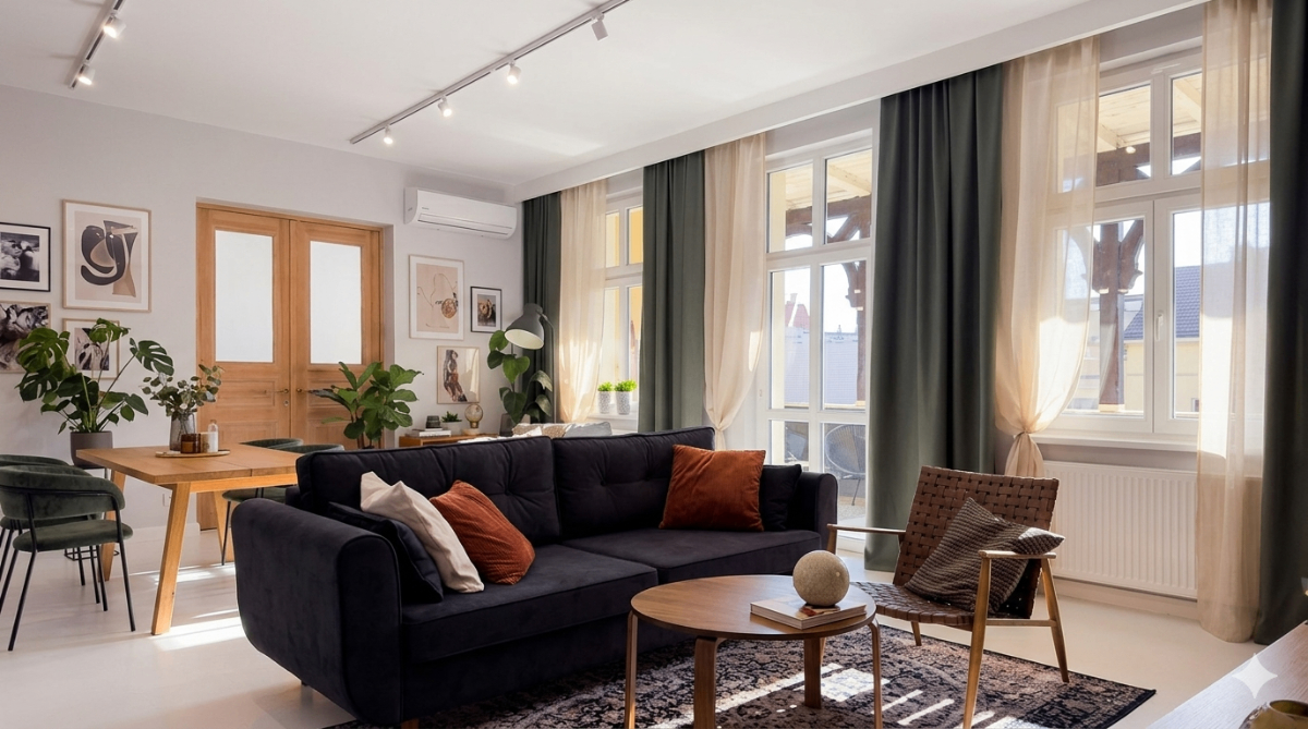 Apartament premium – salon z oknami