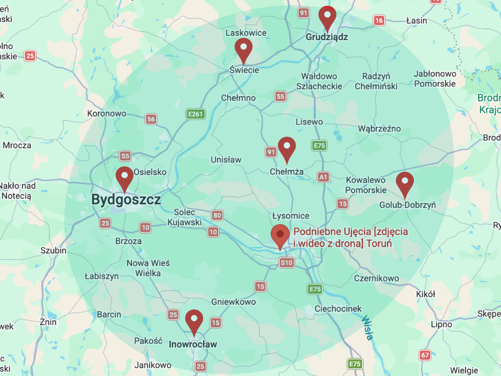 Mapa obszaru działania — filmowanie dronem Toruń, Bydgoszcz, Grudziądz, Świecie, Inowrocław