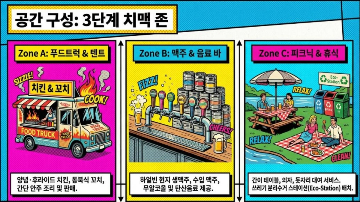 공간 구성: 3단계 치맥 존 - Zone A 푸드트럭 & 텐트, Zone B 맥주 & 음료 바, Zone C 피크닉 & 휴식