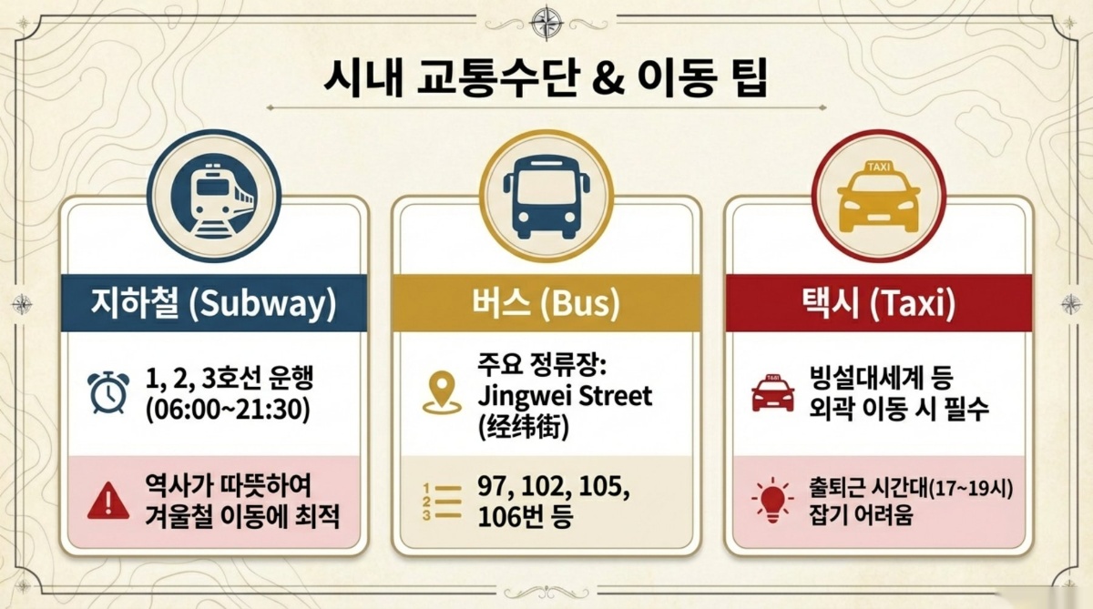 시내 교통수단 및 이동 팁 인포그래픽