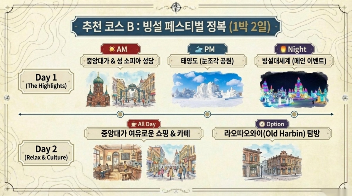 추천 코스 B: 빙설 페스티벌 정복 (1박 2일) 인포그래픽