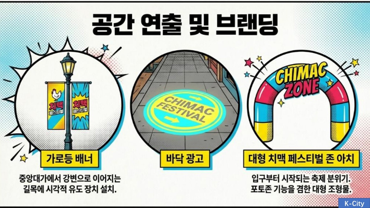공간 연출 및 브랜딩 - 가로등 배너, 바닥 광고, 대형 치맥 페스티벌 존 아치