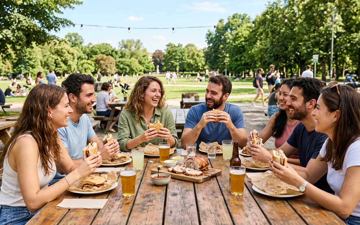 Community gathering around Italian food
