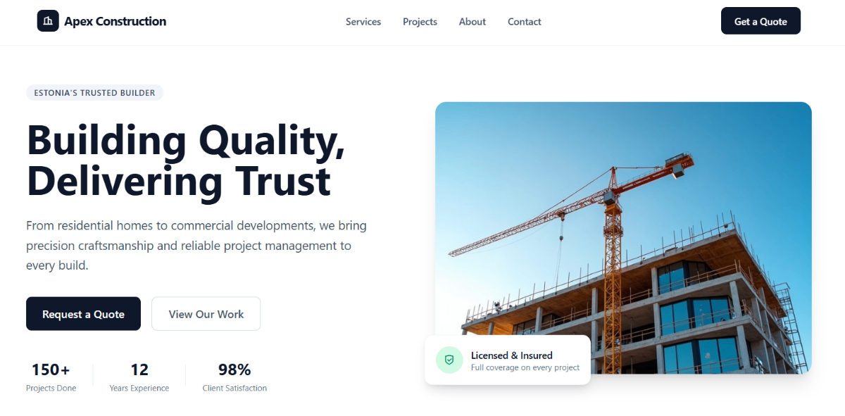 Apex Construction — professional construction business website showcase