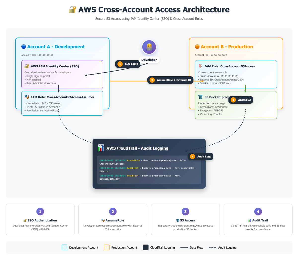 AWS Cross-Account Access Architecture diagram showing secure S3 access using IAM Identity Center (SSO) and cross-account roles with comprehensive audit logging