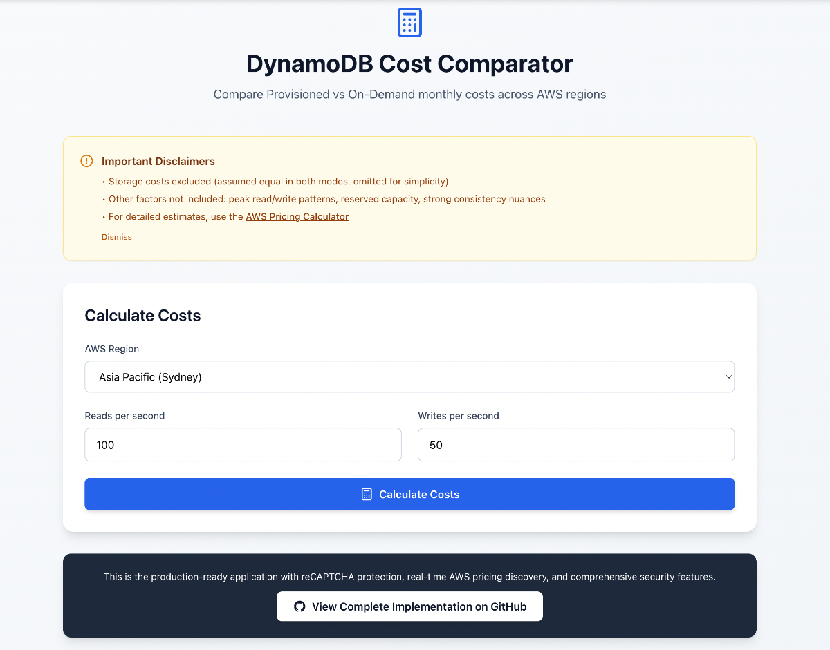 DynamoDB Cost Comparator application interface showing cost analysis dashboard with configuration options and pricing comparisons