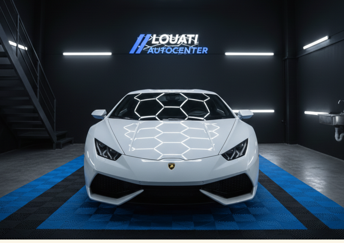 Lamborghini blanche dans garage moderne LOUATI AUTOCENTER