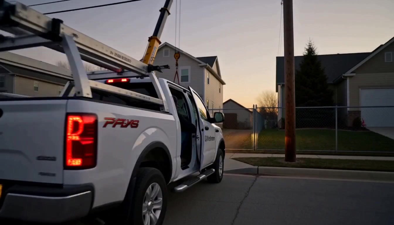 A white pickup truck parked on a dusk suburban street with a crane boom rising over the houses behind it.