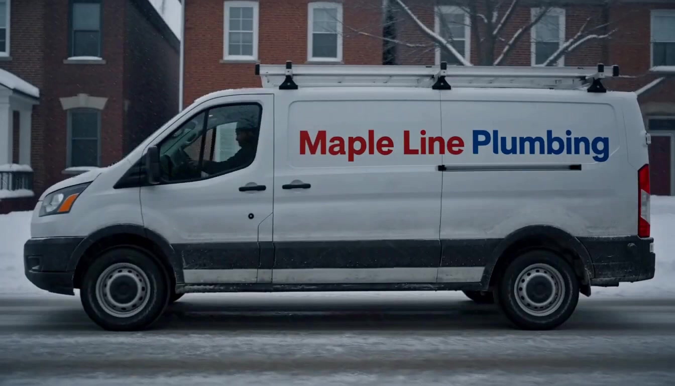 A white Maple Line Plumbing service van rolling down a snow covered Toronto street at dawn.