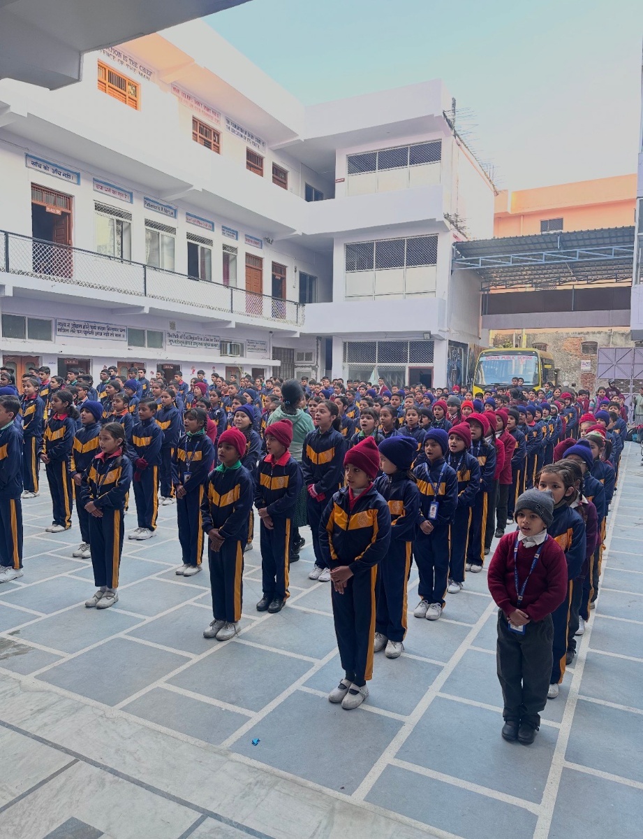 Students assembled at Doon Public School courtyard during morning assembly in Haridwar India