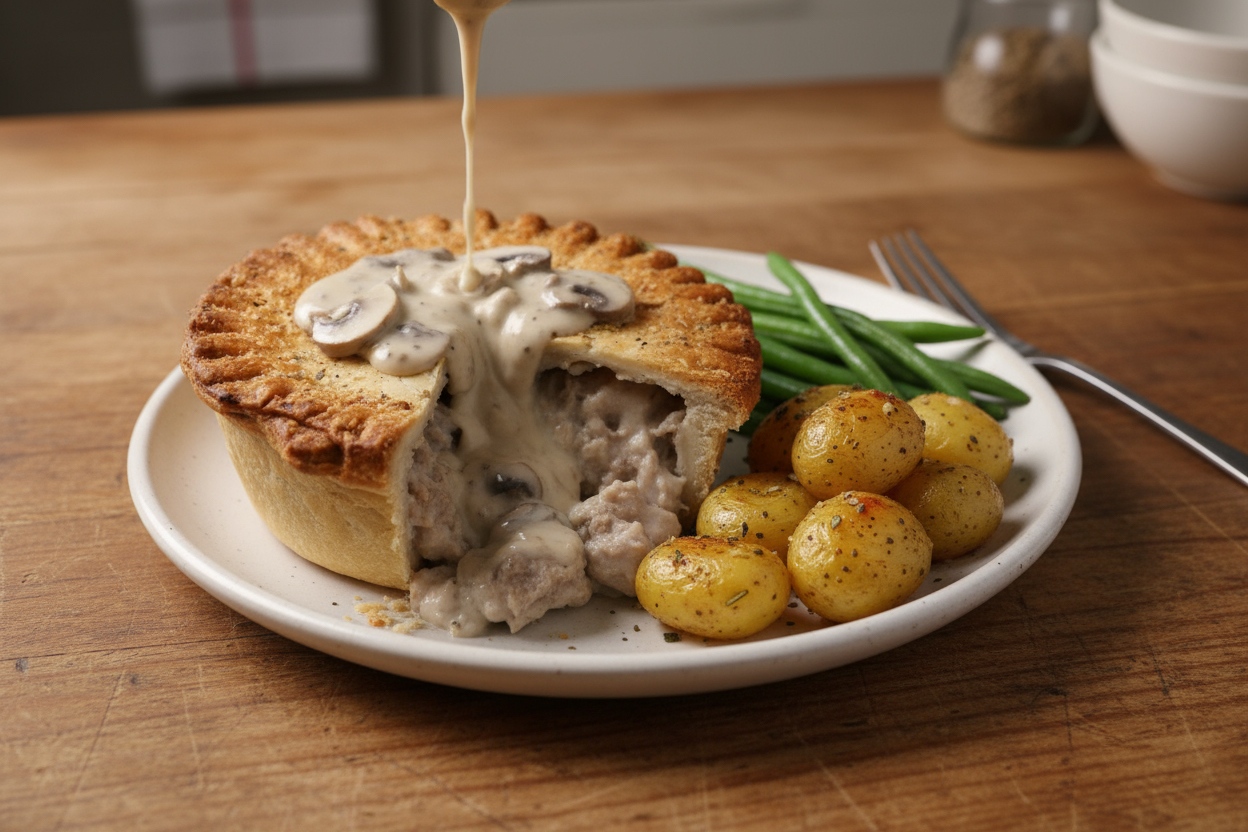 Diced Pork in a Black Pepper and Mushroom Cream Sauce Pub Pie