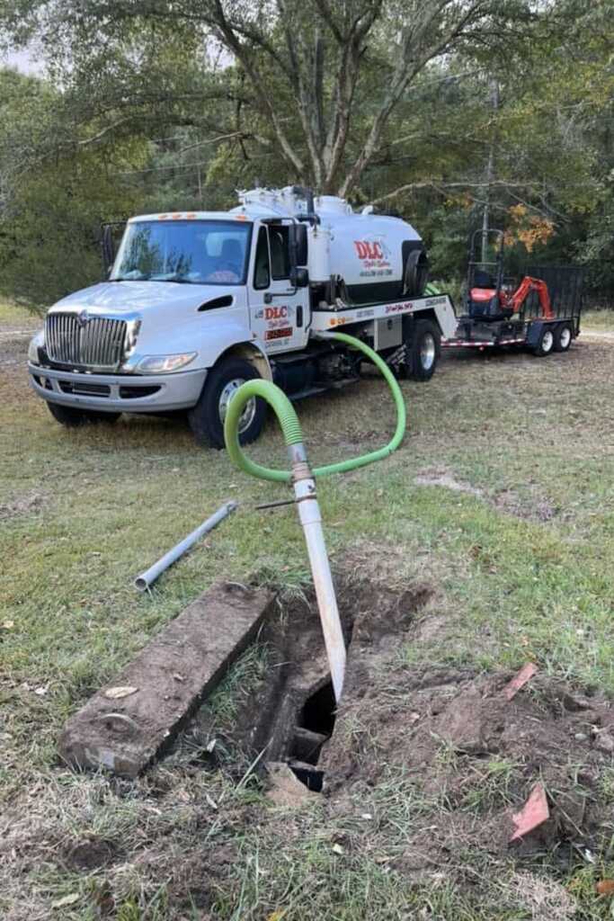 DLC Septic pump truck performing a septic tank pump in Rock Hill SC