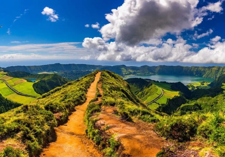 Aerial view of Sete Cidades twin volcanic lakes, São Miguel, Azores