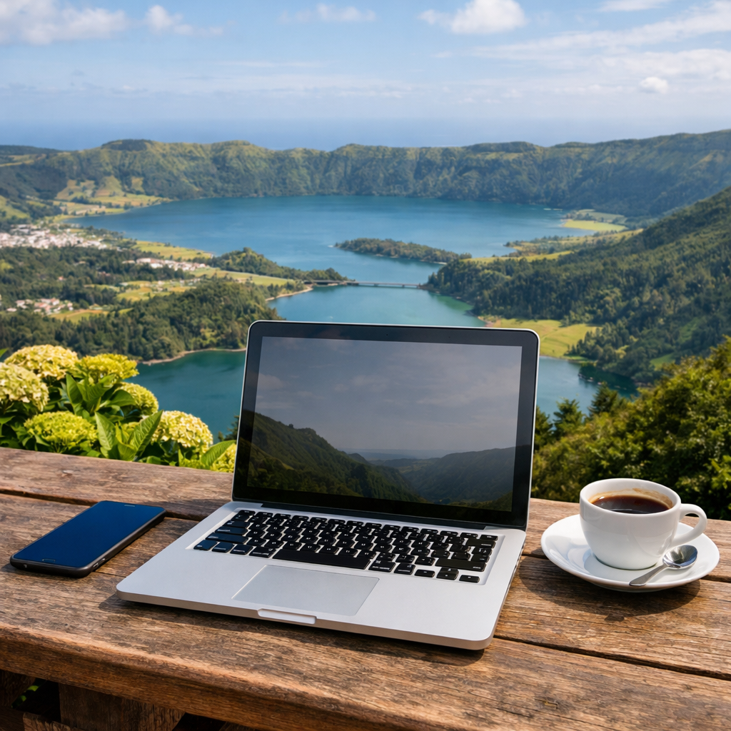 Remote worker on terrace in São Miguel, Azores — living on the D8 visa