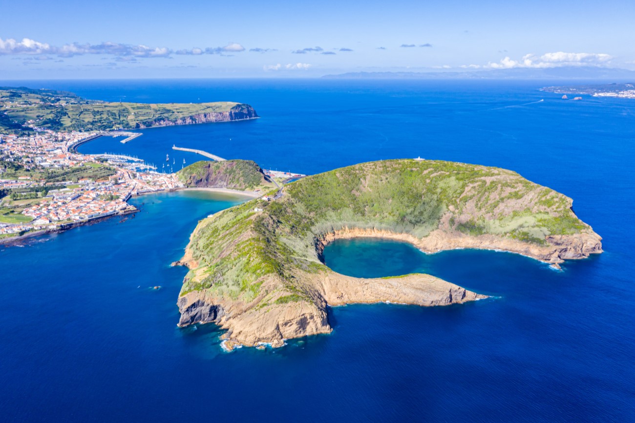 Faial island volcanic caldeira and Atlantic coastline, Azores