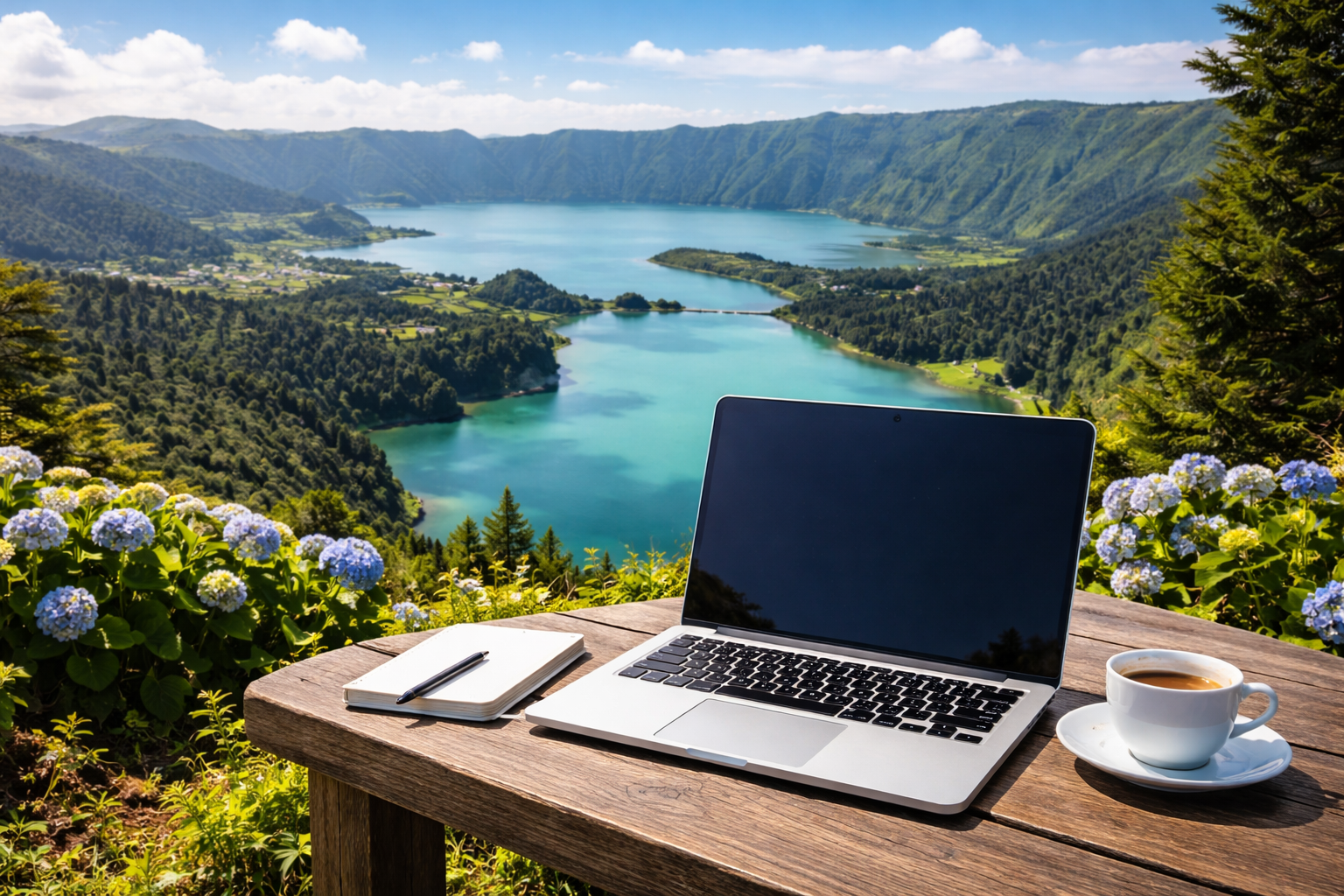 Remote worker with laptop overlooking Sete Cidades volcanic lake, São Miguel, Azores