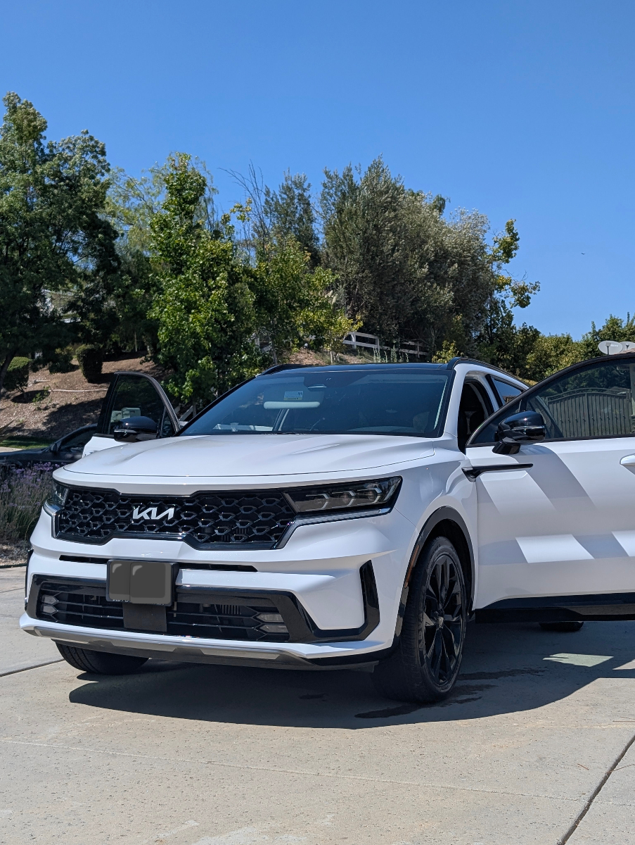 Professional exterior detailing of white Kia Sorento SUV showcasing pristine paint finish and clean black wheels