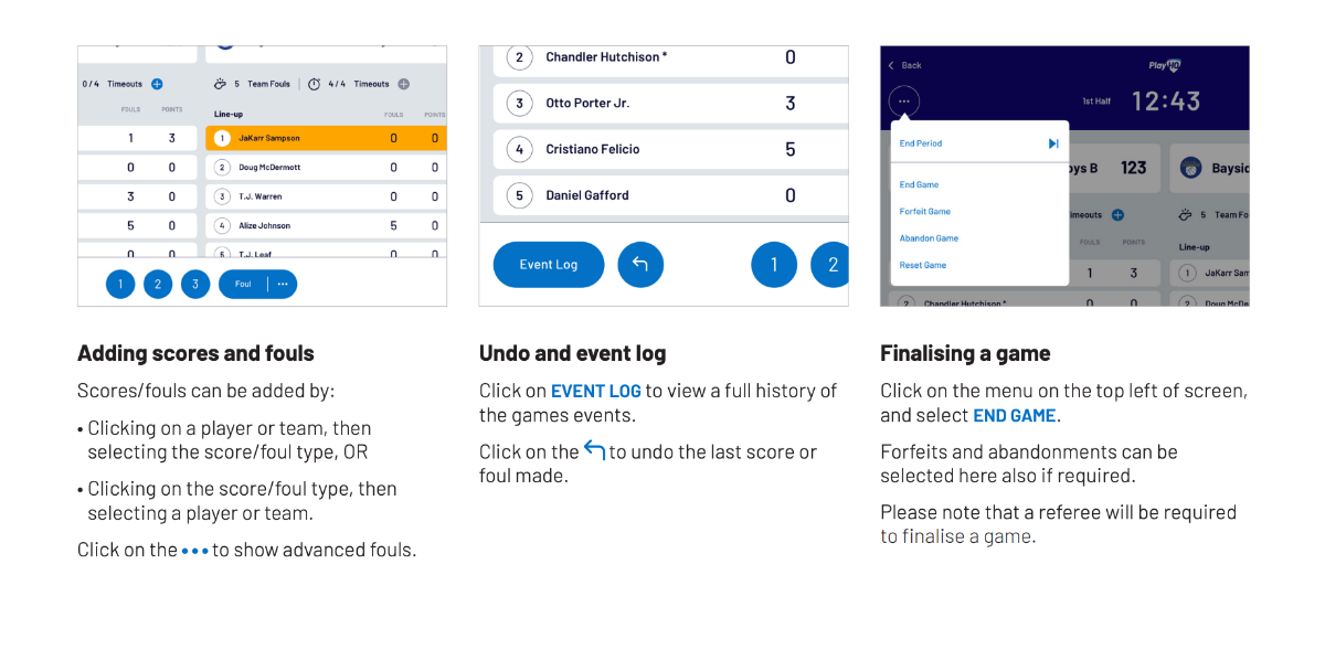 PlayHQ Electronic Scoring Guide overview showing adding scores and fouls, the event log and finalising a game