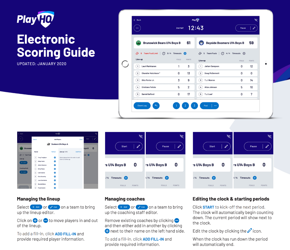 PlayHQ Electronic Scoring Guide overview showing the scoring screen, managing the lineup, managing coaches and editing the clock