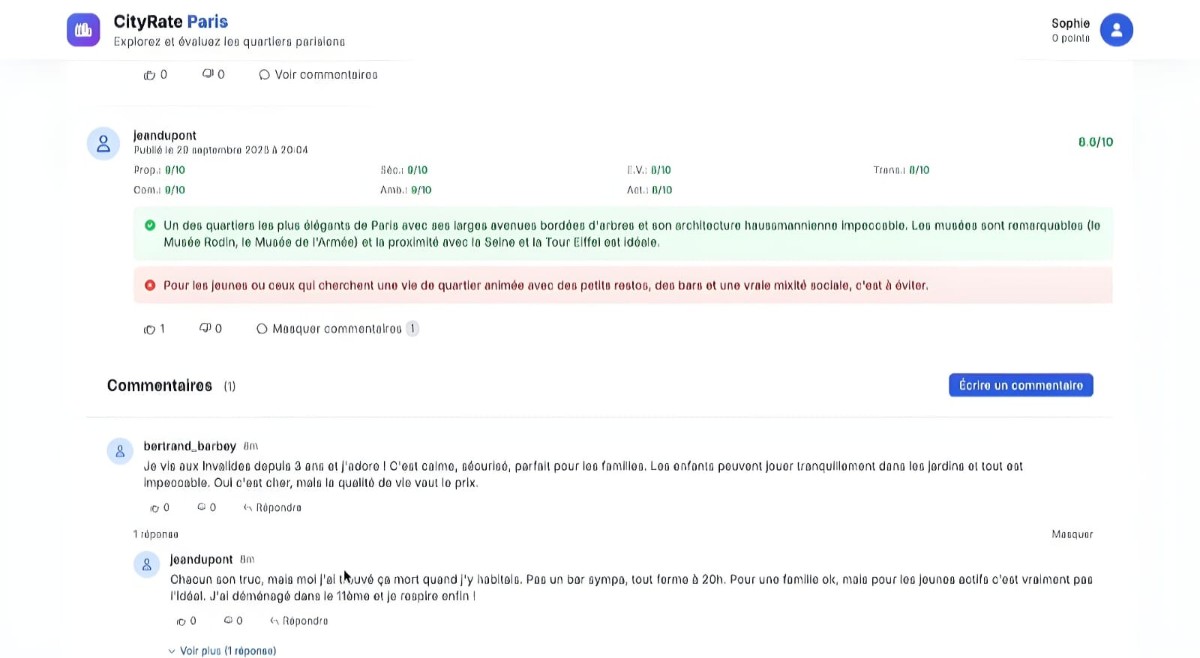 Interface de réaction CityRate - Échanges et interactions communautaires